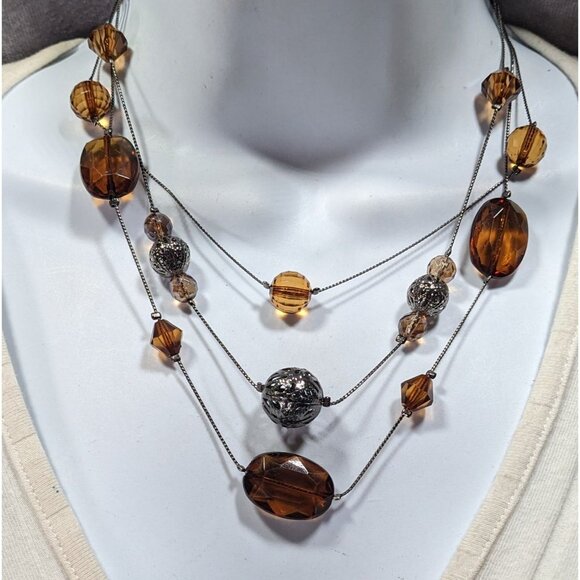 Rustic Brown Gemmed Silver Tone Accent Layered Station Necklace - Picture 2 of 5